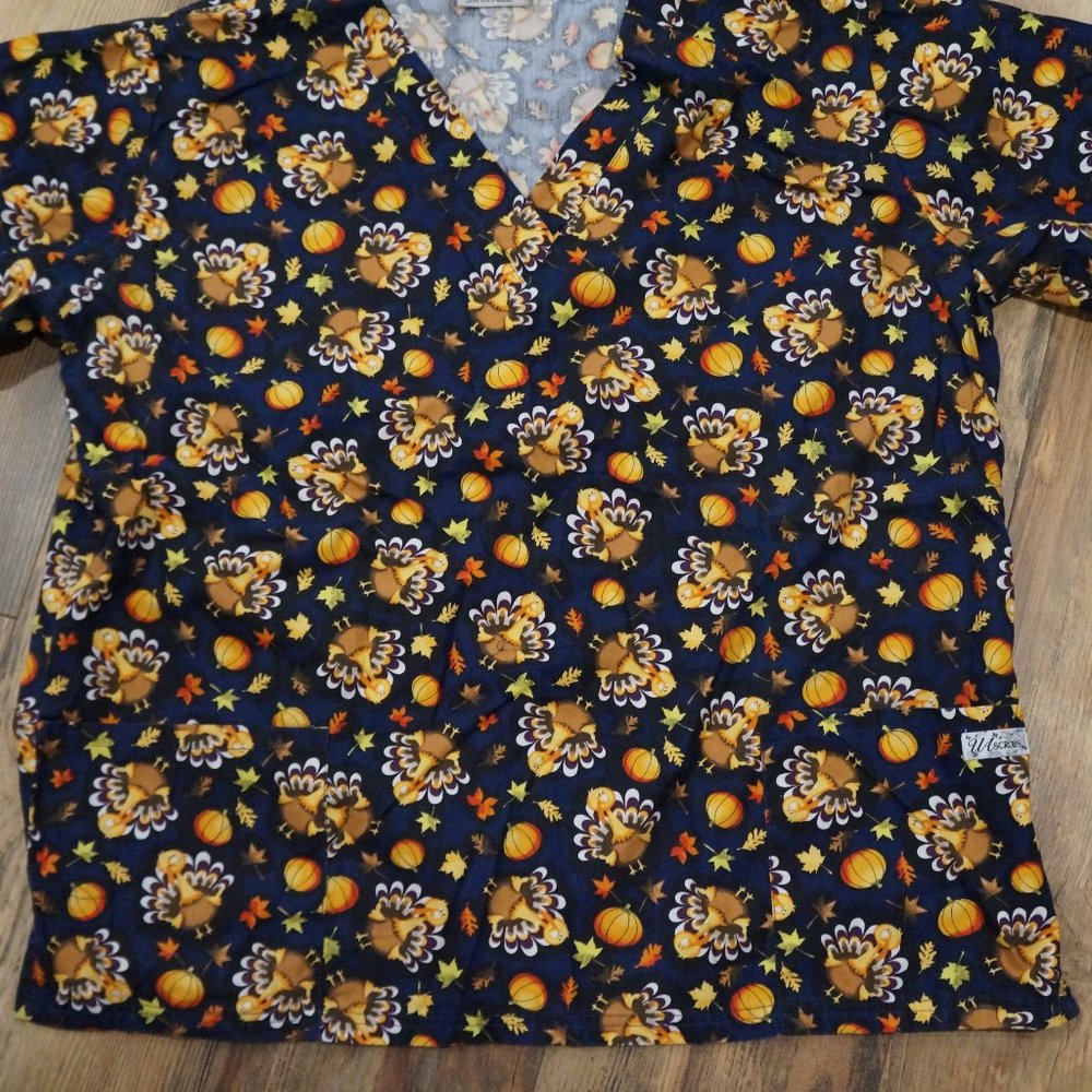 Uniform Advantage Navy Turkey Thanksgiving Scrub Top - USED